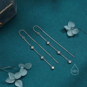 Sterling Silver Cz Bezel Cascade Drop U Threader Earrings, 2 of 11