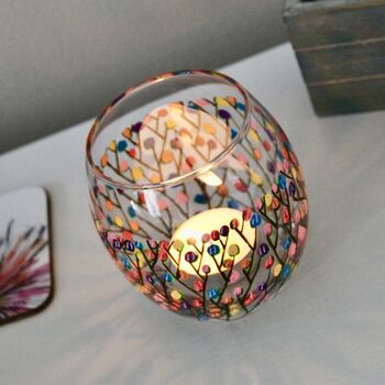 Multicoloured Blossom Painted Round Glass Tea Light Holder, 3 of 5