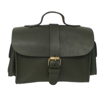 Small Leather Crossbody Satchel Handheld Handbag Khaki Dark Military Green With Side Pockets, 5 of 9