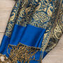 Royal Blue Paisley Border Pashmina With Tassels, thumbnail 2 of 2