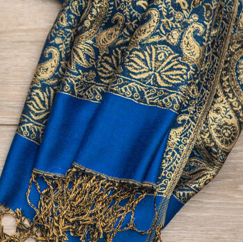 Royal Blue Paisley Border Pashmina With Tassels, 2 of 2