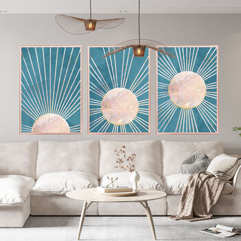 Set Of Three Boho Sun Turquoise Blue Wall Art Prints, 2 of 4