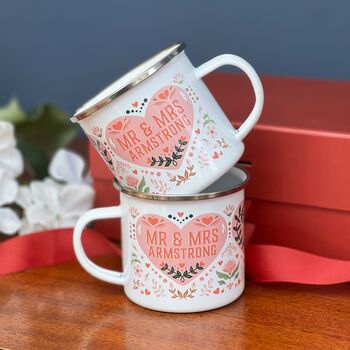 Pair Of Red And Pink Enamel Mugs For Couple, 7 of 7