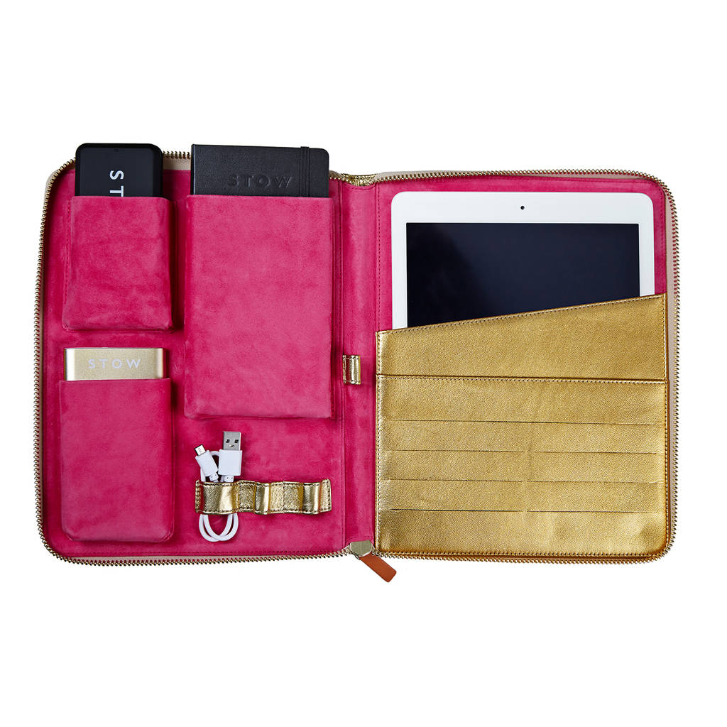 personalised luxury leather travel tech and tablet case by stow