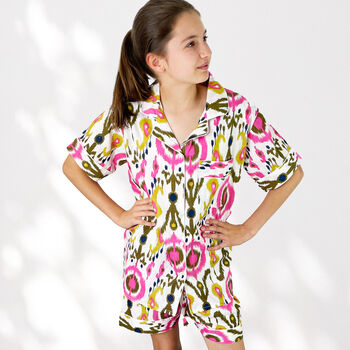 Ikat Print 100% Cotton Ladies Pyjama Short Set In White And Pink, 2 of 6