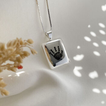 Sterling Silver Engraved Handprint Rectangle Locket Necklace, 2 of 9