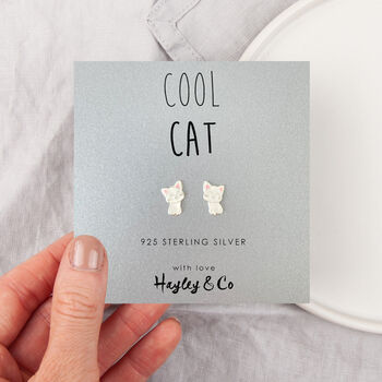 Cool Cat Black Or White Kitten Silver Stud Earrings, 2 of 9
