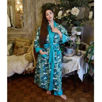 Ladies Green Leaf Print Cotton Dressing Gown, 3 of 5
