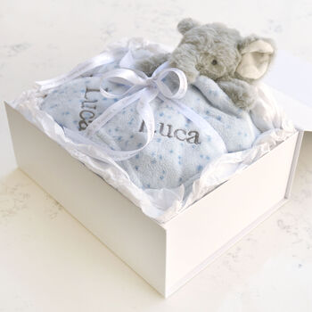 Personalised Blue Fluffy Elephant Comforter Blanket Set, 2 of 8
