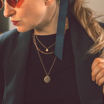 Disc Pendant Layered Gold Necklace With Three Chains, 5 of 9