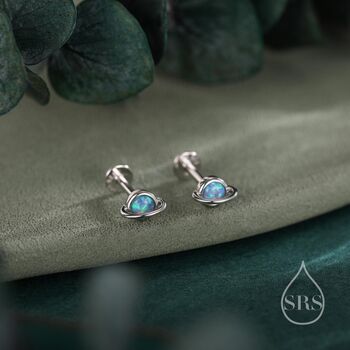 Sterling Silver Tiny Blue Opal Planet Screw Back / Flat Back / Stud Earrings, 4 of 12