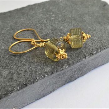Carved Olive Quartz Dangle Earrings In Gold Vermeil, 2 of 2