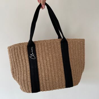 Personalised Grace Straw Wicker Black Ribbon Drawstring Beach Bag, 4 of 7