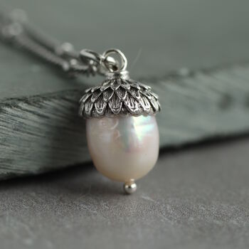 Freshwater Pearl Silver Acorn Necklace, 2 of 8