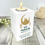 Personalised Eid Al Fitr Crescent And Lanterns White Tea Light Holder, thumbnail 1 of 6