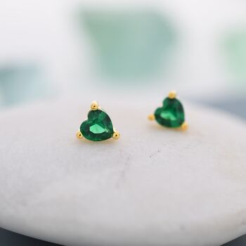 Sterling Silver Tiny Emerald Green Cz Heart Stud Earrings, 2 of 12