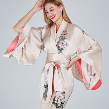 Silk Kimono Dressing Gown Fleur Japonaise Pink, 3 of 10