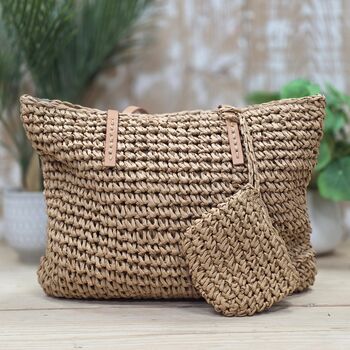 Rattan Shoulder Bag With Purse In Beige, 2 of 2