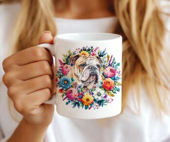 Personalised Bulldog Summer Floral Dog Wreath Cushion And Mug Gift Bundle, 2 of 4