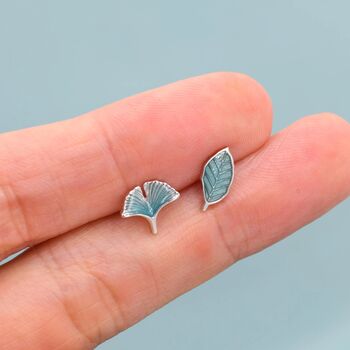 Mismatched Enamel Beech And Ginkgo Leaf Stud Earrings In Sterling Silver, 7 of 12