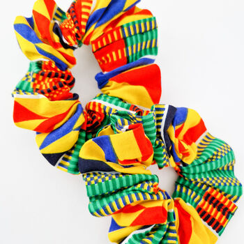 Two African Print Scrunchies | Yellow Kente Kioko Print, 3 of 4