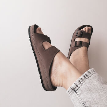 Leather Sandals With Memory Foam Insole In Grey/ Taupe, 4 of 4
