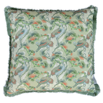 Cranes Green Patterned Fringe Cotton Cushion, 3 of 7