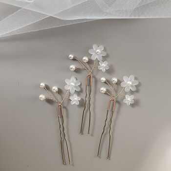 Pearl Flower Bridal Hair Pins Set Of Three, 6 of 13