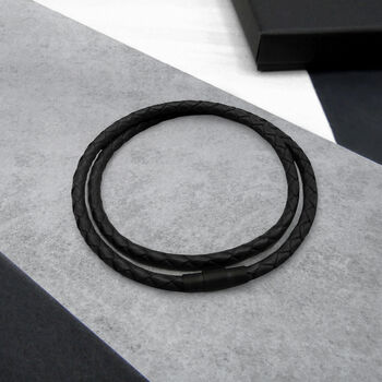 Men's Single Or Double Strand Slim Woven Leather Black Clasp Bracelet, 2 of 4