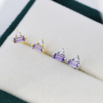 Lilac Purple Baguette And Round Cz Stud Earrings, 8 of 12