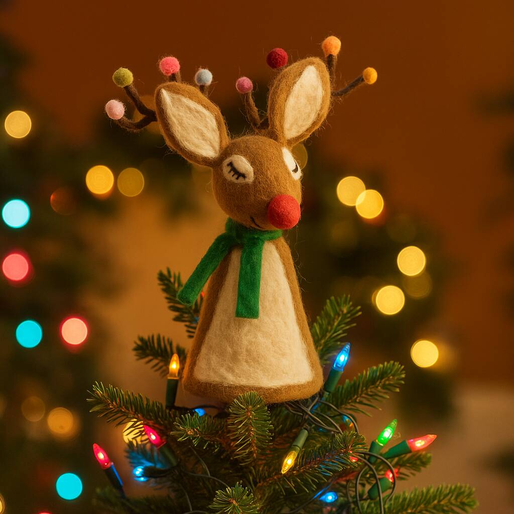 Handmade Felt Sassy Rudolph Christmas Tree Topper, 1 of 6