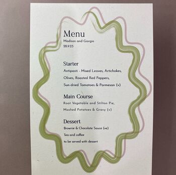 Modern, Wavy, Colourful Personalised Menu Cards, 5 of 8