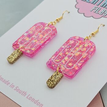 Pink Ice Lolly Glitter Statement Earrings / Summer Treat Jewellery Pink Popsicle Statement / 90s Summer Aesthetic Playful Kitsch Accessory, 5 of 5