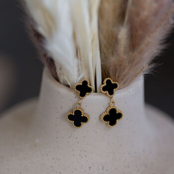 Black Twin Clover Earring In 18 K Gold Plate, 2 of 4