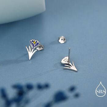 Blue Crocus Flower Stud Earrings In Sterling Silver, 6 of 12