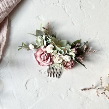 Dusty Pink And Sage Green Floral Hair Comb, 2 of 7