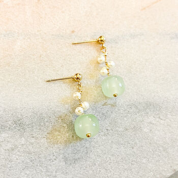 Wire Wrapped Jade Green And Pearl Drop Earrings, 2 of 2