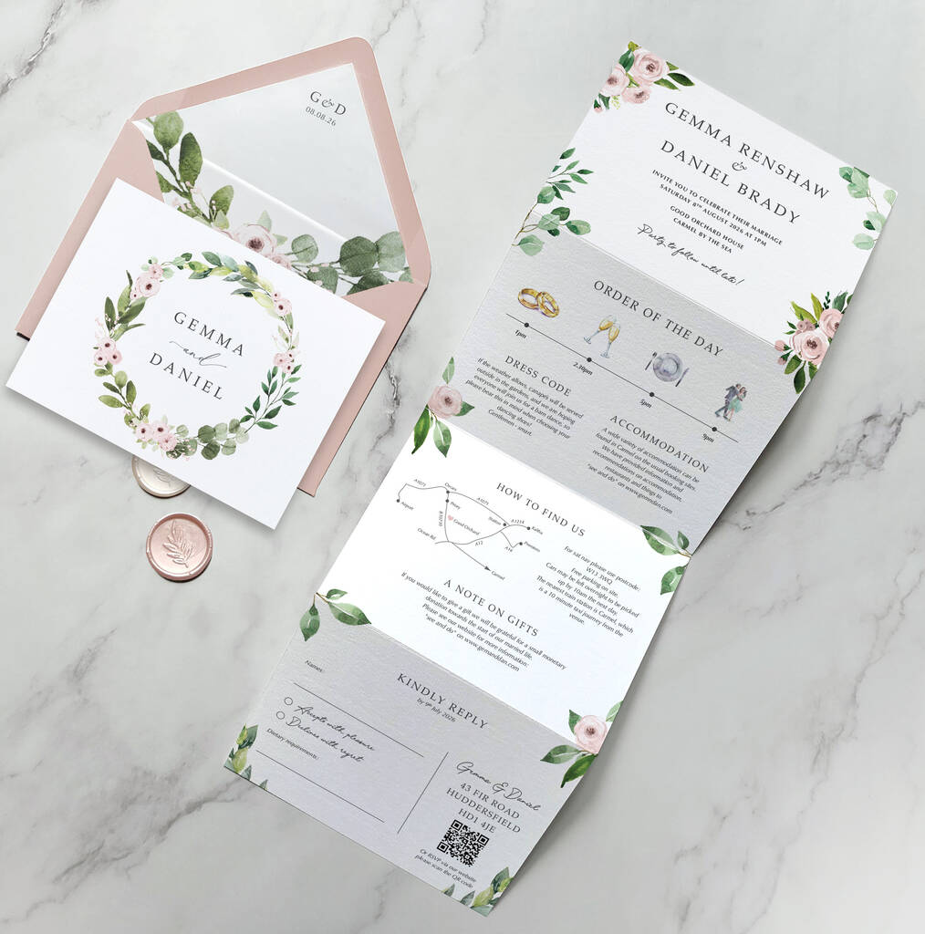 Pink Floral And Greenery Concertina Wedding Invitation, 1 of 4