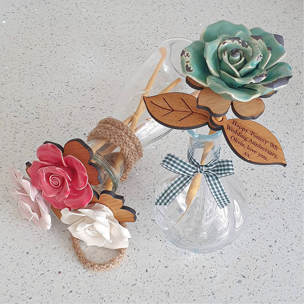 Handmade Pottery Ceramic And Personalised Wood Rose, 1 of 8