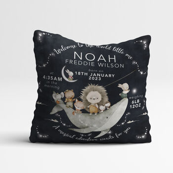 Personalised Whale And Friends Keepsake Birth Cushion, 2 of 5
