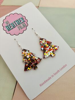 Gold, Silver And Red Christmas Tree Glitter Resin Earrings / Traditional Holiday Jewellery / Christmas Gift / Secret Santa Gift, 3 of 10