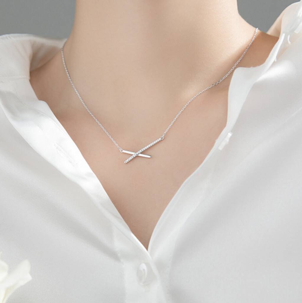 Sterling Silver Asymmetrical Crystal Cross Pendant Necklace, 1 of 6