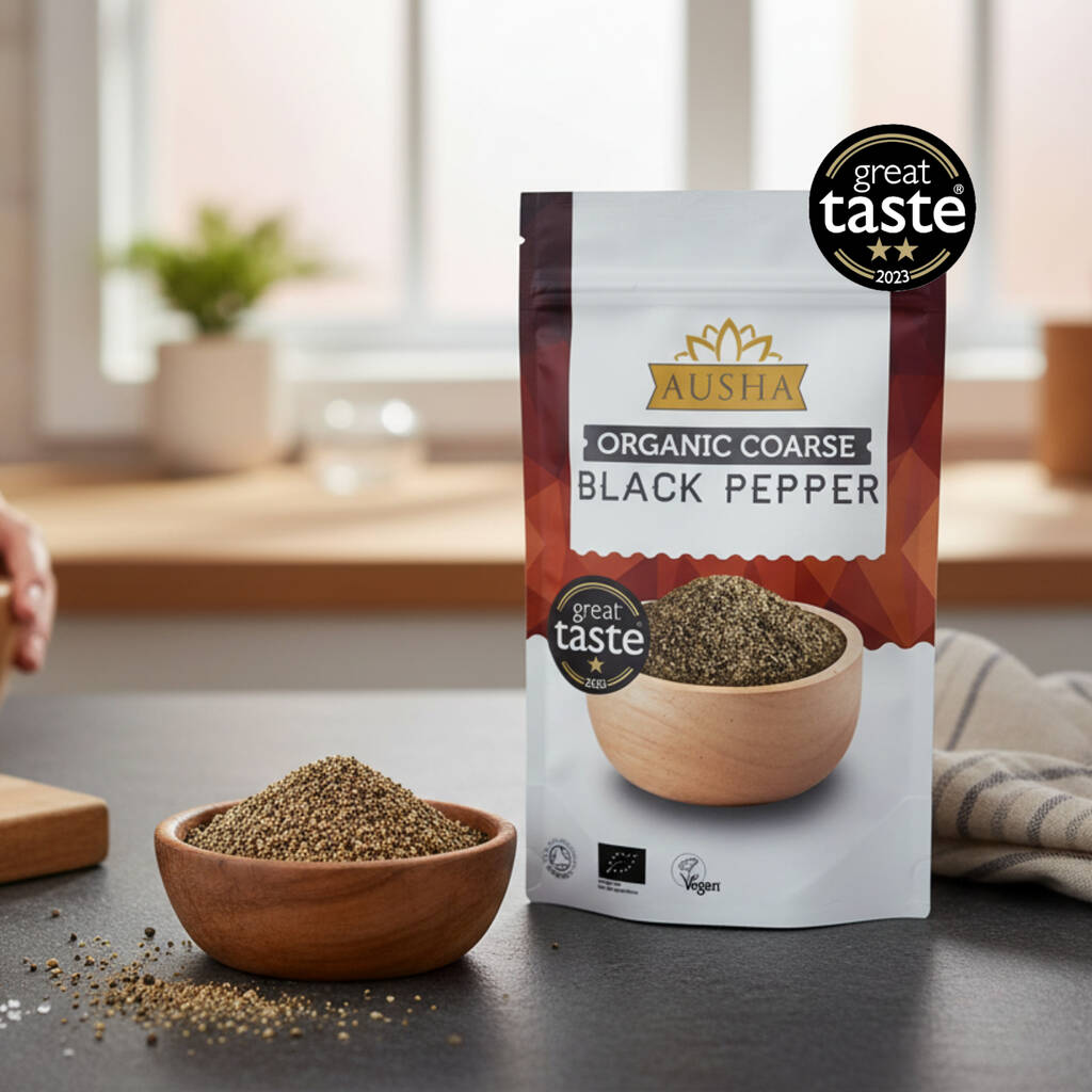 Ausha Organic Black Pepper 200g Coarse Form UK Certified Organic By Soil Association Great Taste Award 2023, 1 of 12