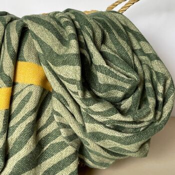 Zebra Print Scarf With Stripe In Green And Mustard, 2 of 3