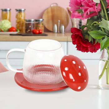 Mushroom Shaped Glass Mug With Lid And Coaster, 4 of 6