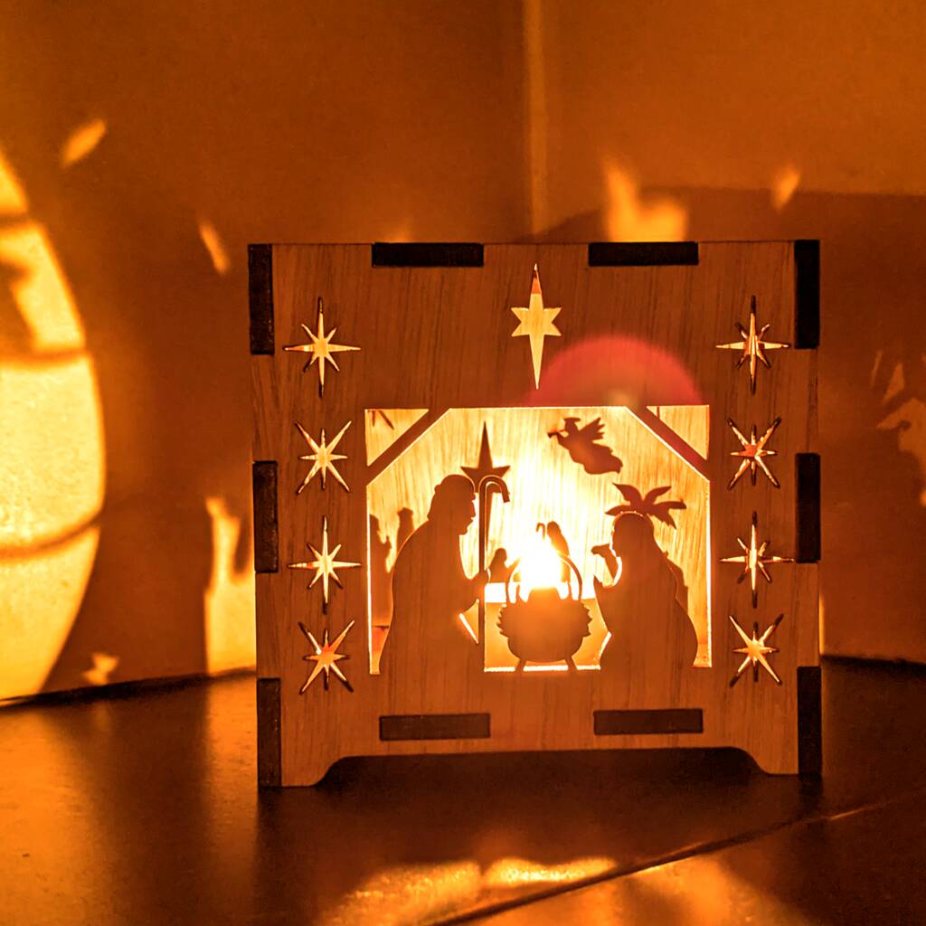 Personalised Wooden Nativity Scene Christmas Lantern, 1 of 12