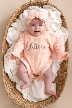 Little Sister Embroidered Ruffle Detail Knitted Baby Romper Matching Big Sister Jumper Available, 5 of 12