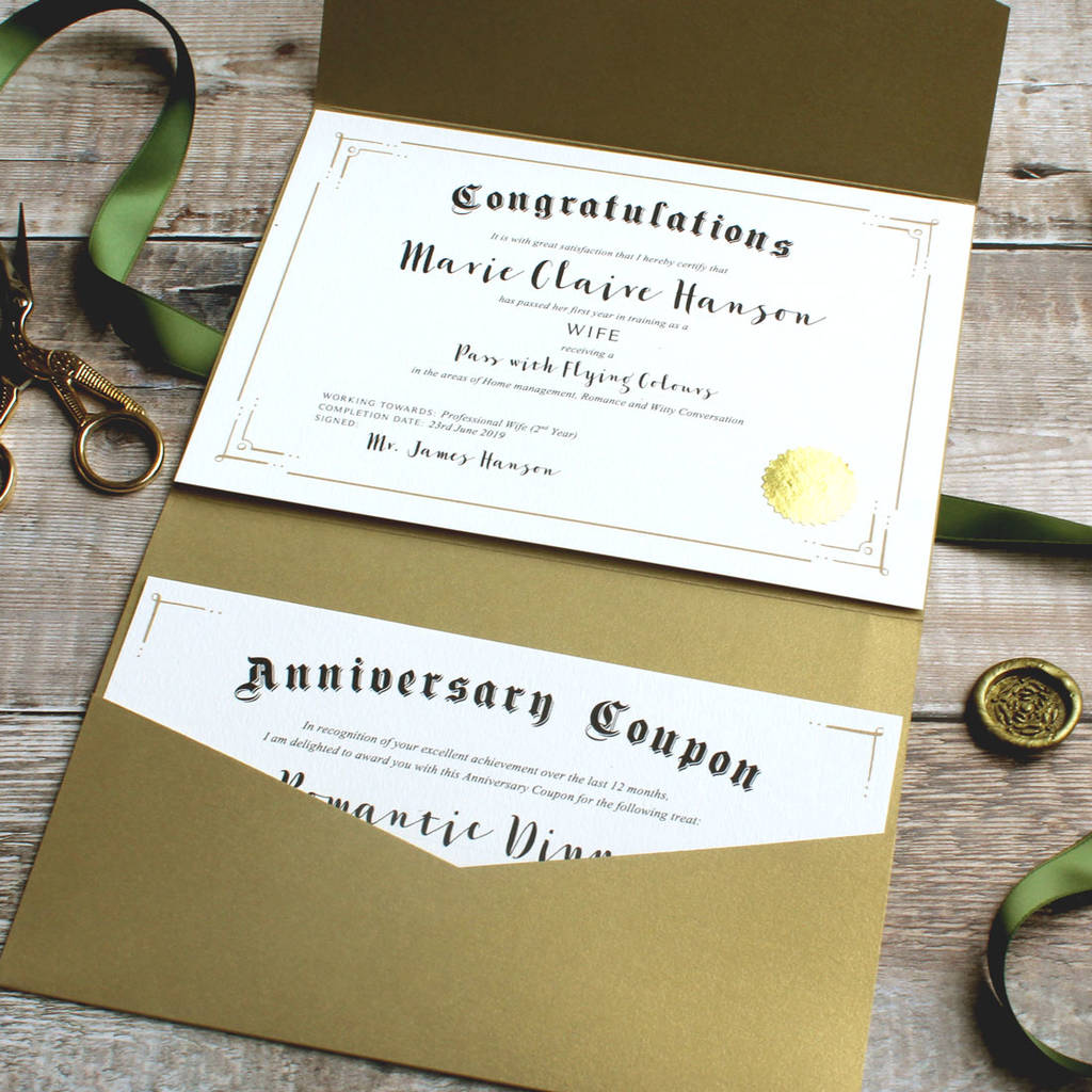 First Anniversary Paper Wife Certificate And Coupons By ...