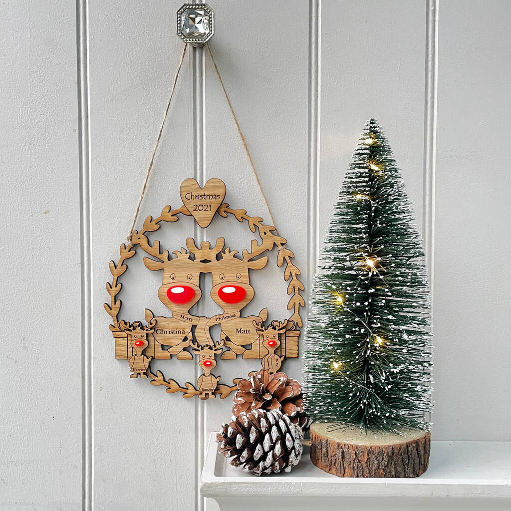 Personalised Reindeer Family Oak Christmas Wreath, 1 of 7