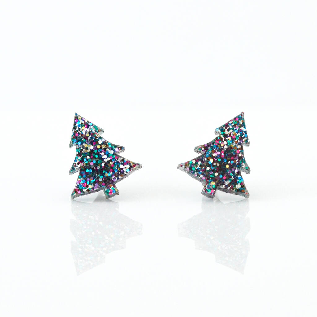 New Multi Coloured Glitter Laser Cut Christmas Tree Earrings Studs, 1 of 4